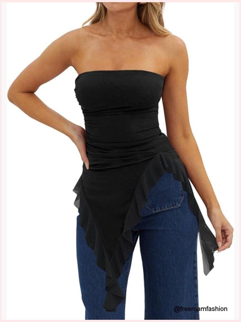 Asymmetrical Strapless Tube Top Ruffled Hem Going Out Tank Top